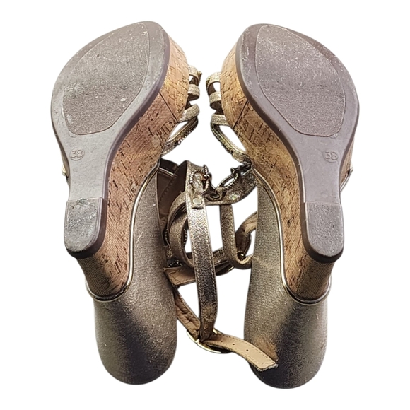 Secreto di Bella Gold Wedge Sandals Size EU 38 Rhinestone Charm Cork Heel Dressy - Picture 7 of 16